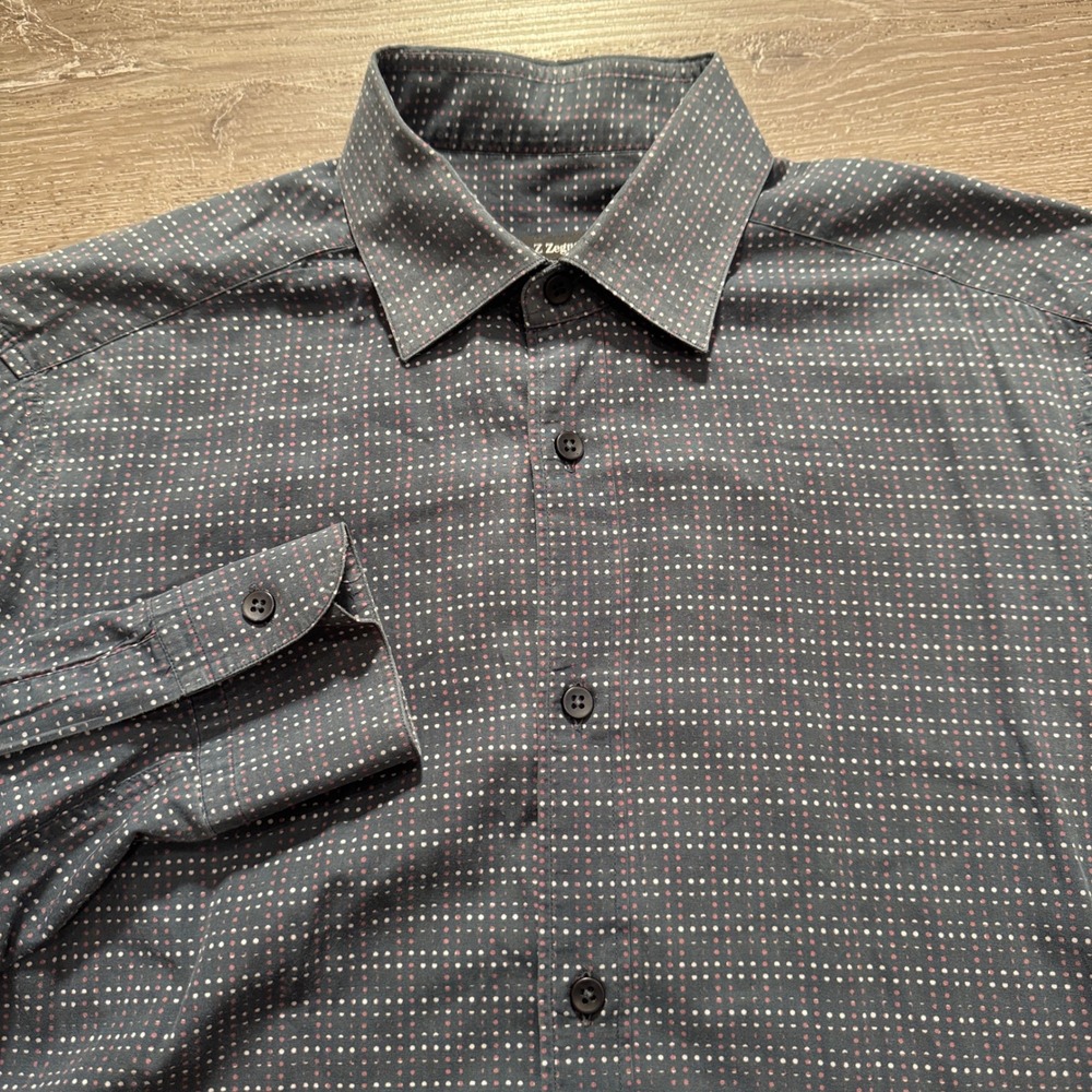 Z Zegna Shirt Mens 15 38 Blue Cotton Polka Dot Regular Business Casual Preppy